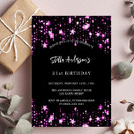Postal De Invitación Fiesta de cumpleaños estrellas negras de color ros<br><div class="desc">Un fondo negro decorado con estrellas rosas. Personalice y agregue un nombre y detalles del fiesta. El nombre está escrito con un guión de estilo con letras a mano,  letras de color blanco.</div>