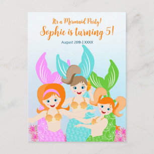 Postal De Invitación Fiesta de cumpleaños femenina de sirena y amigas