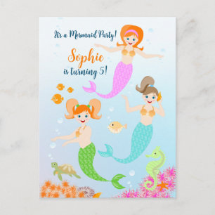 Postal De Invitación Fiesta de cumpleaños femenina de sirena y amigas
