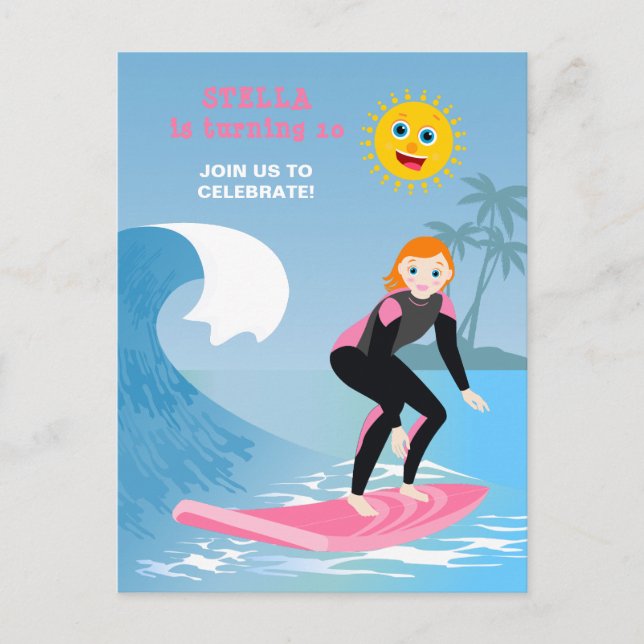 Postal De Invitación Fiesta de cumpleaños femenina de surf (Anverso)