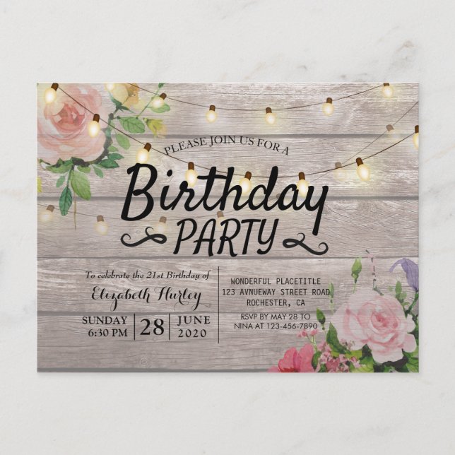 Postal De Invitación Fiesta de Cumpleaños Flores Rústicas de Madera Ilu (Anverso)