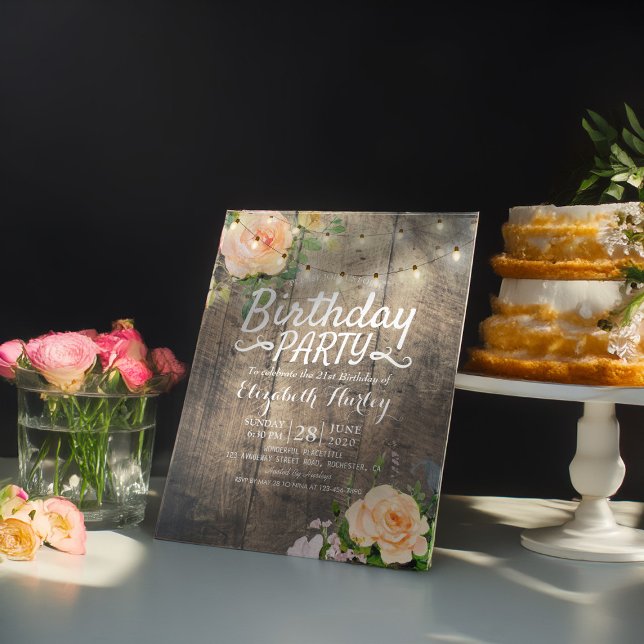 Postal De Invitación Fiesta de Cumpleaños Flores Rústicas de Madera Ilu (Subido por el creador)