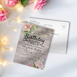 Postal De Invitación Fiesta de Cumpleaños Flores Rústicas de Madera Ilu