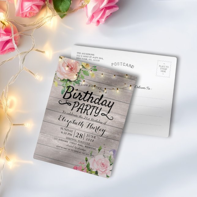 Postal De Invitación Fiesta de Cumpleaños Flores Rústicas de Madera Ilu (Subido por el creador)