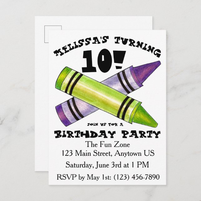 Postal De Invitación Fiesta de cumpleaños infantil con crayones de arti (Anverso / Reverso)
