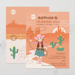 Postal De Invitación Fiesta de cumpleaños infantil Vaquera con lazo y c