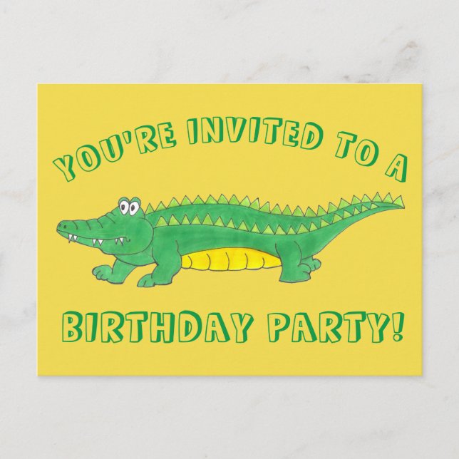 Postal De Invitación Fiesta de Cumpleaños Lagarto Cocodrilo Amarillo Ve (Anverso)
