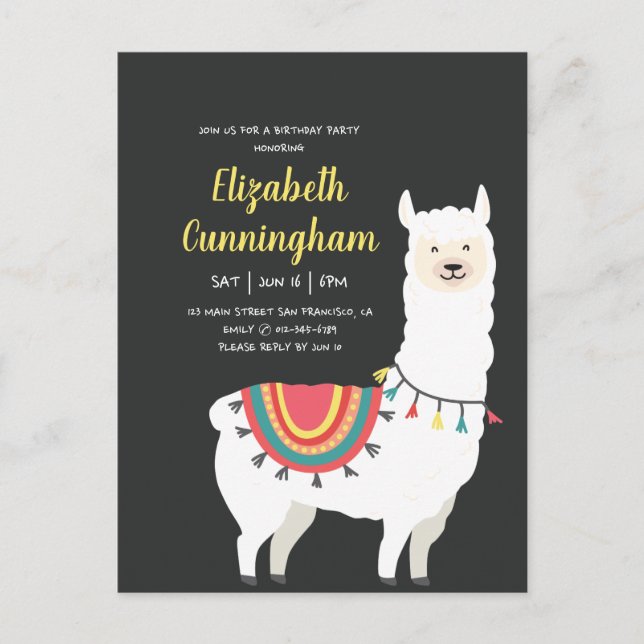 Postal De Invitación Fiesta de Cumpleaños Llama y Globo Adorable (Anverso)