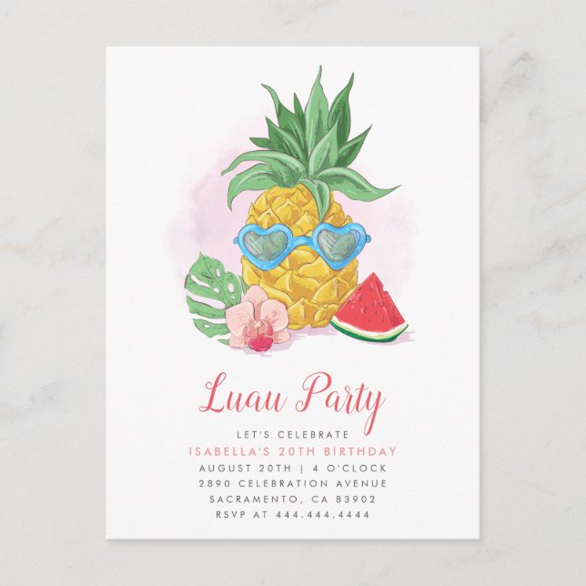 Postal De Invitación Fiesta de cumpleaños Luau Tropical de Piña de Vera (Anverso)