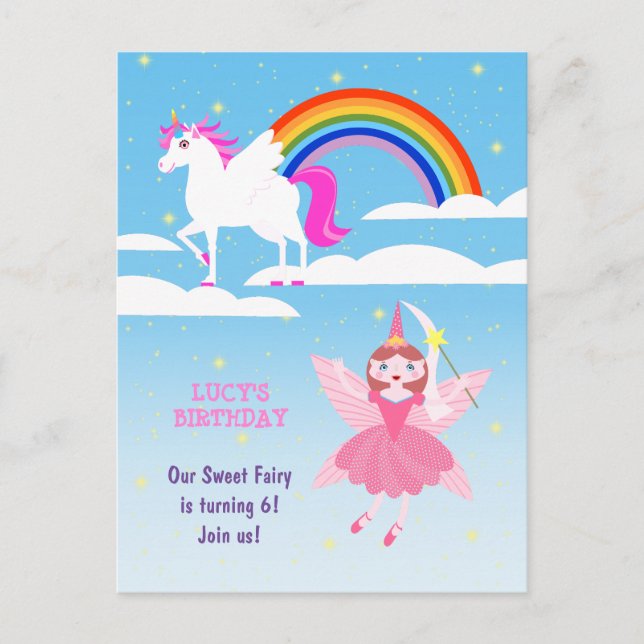 Postal De Invitación Fiesta de cumpleaños mágico de unicornio y hadas (Anverso)