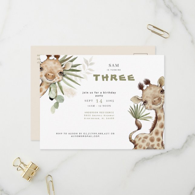 Postal De Invitación Fiesta de Cumpleaños Neutral Pampas Boho Jirafa Ad (Anverso/Reverso In Situ)