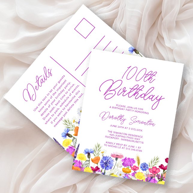 Postal De Invitación Fiesta de cumpleaños número 100 Flores silvestres  (Subido por el creador)