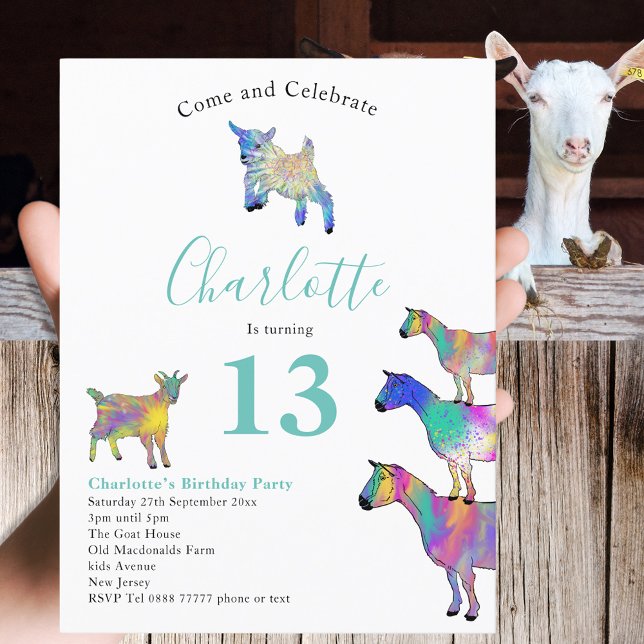 Postal De Invitación Fiesta de cumpleaños número 13 con tema de cabra (Cute farm goat themed 13th birthday party invitation with colorful watercolor animal art)
