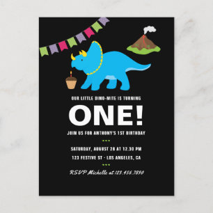 Postal De Invitación Fiesta de cumpleaños número 1 con temática de dino