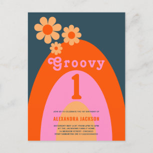 Postal De Invitación Fiesta de cumpleaños número 1 de Groovy One Rainbo