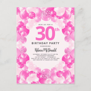 Postal De Invitación Fiesta de cumpleaños número 30 de Pink Balloons Fa