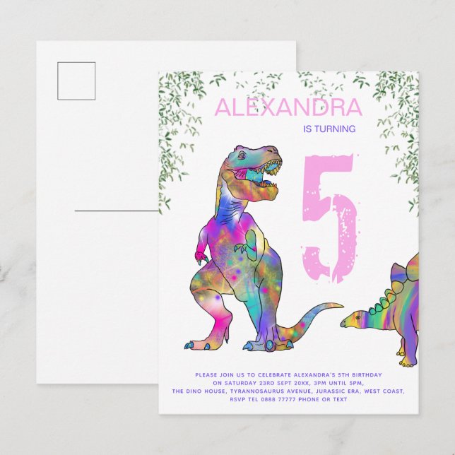 Postal De Invitación Fiesta de cumpleaños número 5 de Dinosaur Girls co (Anverso / Reverso)