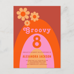 Postal De Invitación Fiesta de cumpleaños retro groovy para 8 chicas
