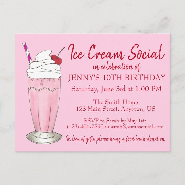 Postal De Invitación Fiesta de Cumpleaños Social de Helado de Batido de (Anverso)