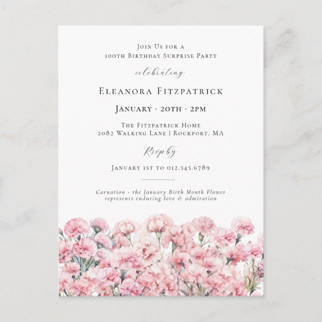 Postal De Invitación FIESTA DE CUMPLEAÑOS SORPRESA 100 Clavel Flor de N (Anverso)