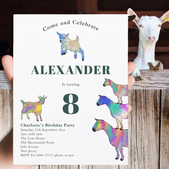 Postal De Invitación Fiesta de cumpleaños temática de cabra Verde (Cute goats colorful farm animal art 8th birthday party budget invitation postcard )