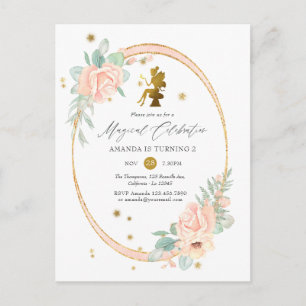 Postal De Invitación Fiesta de cumpleaños temática de hada rosa y dorad