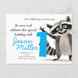 Postal De Invitación Fiesta de cumpleaños temática de Racoon para el be