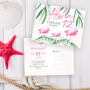 Postal De Invitación Fiesta de cumpleaños tropical Aloha luau Flamingle