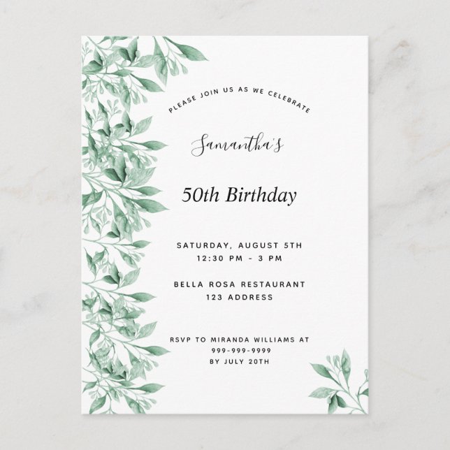 Postal De Invitación Fiesta de cumpleaños verde blanco botánico floral  (Anverso)