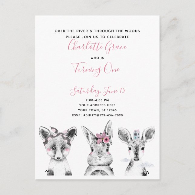 Postal De Invitación Fiesta de cumpleaños Woodland de guion blanco negr (Anverso)