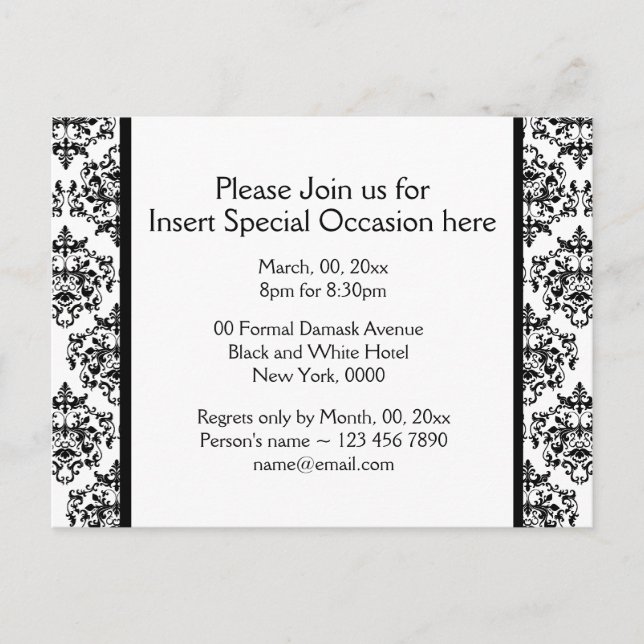 Postal De Invitación Fiesta de damasco formal blanco negro (Anverso)