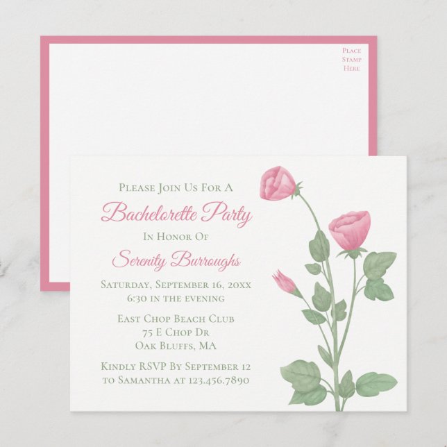 Postal De Invitación Fiesta de Despedida de Soltera con Flores Rosadas  (Anverso / Reverso)