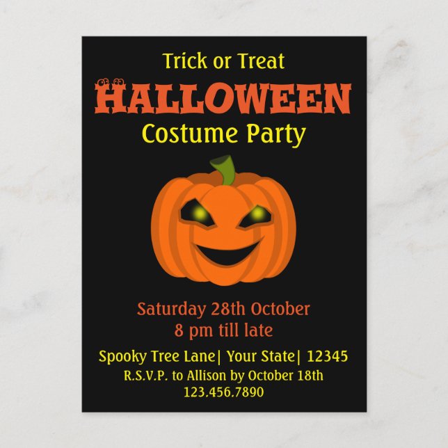 Postal De Invitación Fiesta de disfraces de calabaza de Halloween (Anverso)