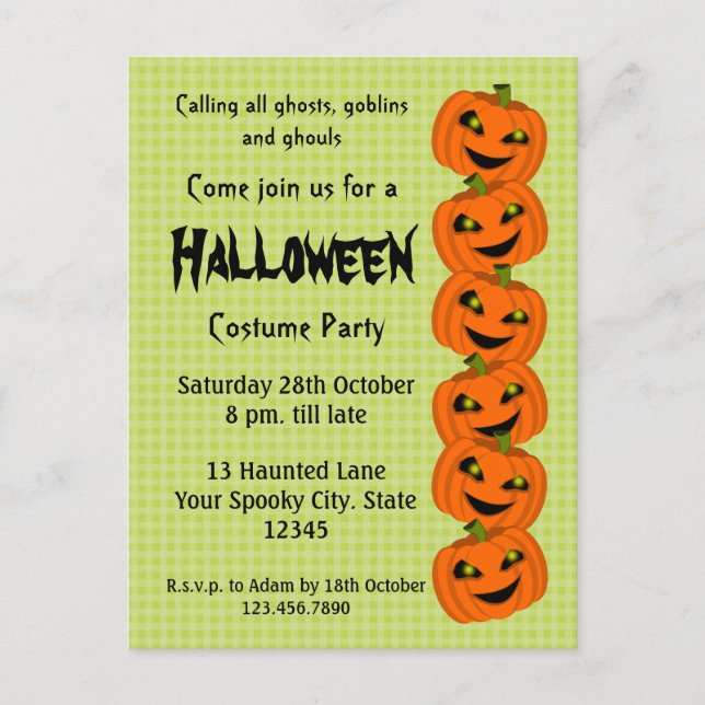 Postal De Invitación Fiesta de disfraces de calabaza de Halloween (Anverso)