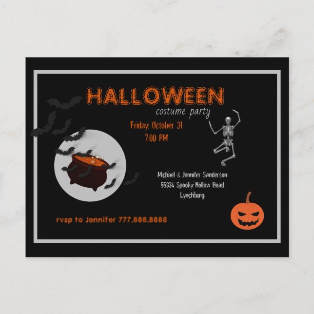Postal De Invitación Fiesta de disfraces de Halloween negro y Naranja (Anverso)