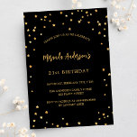 Postal De Invitación Fiesta de estrellas de oro negro de cumpleaños<br><div class="desc">Una glamorosa invitación a la fiesta de cumpleaños para él y ella. Un fondo negro decorado con estrellas de oro falsas. Personalice y agregue un nombre y detalles del fiesta. Texto dorado.</div>