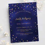 Postal De Invitación Fiesta de estrellas doradas de la marina de cumple<br><div class="desc">Una invitación de cumpleaños para él y para ella. Un fondo negro decorado con estrellas de oro falsas. Personalice y agregue un nombre y detalles del fiesta. Texto dorado.</div>