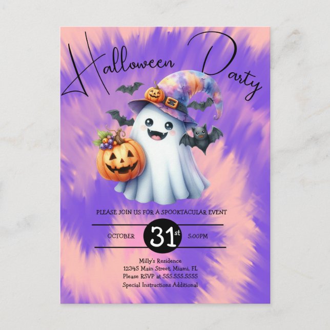 Postal De Invitación Fiesta de Fantasmas de Halloween Tie Dye Dibujado  (Anverso)