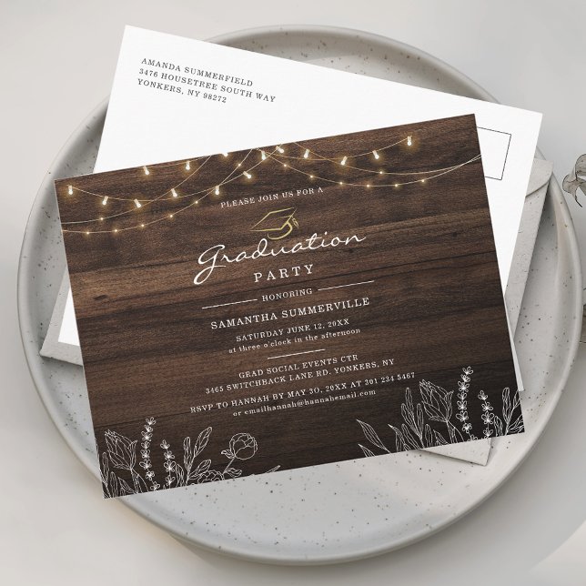 Postal De Invitación Fiesta de Graduación 2026 Script (Graduation 2025 Script Grad Party String Lights Invitation Postcard)