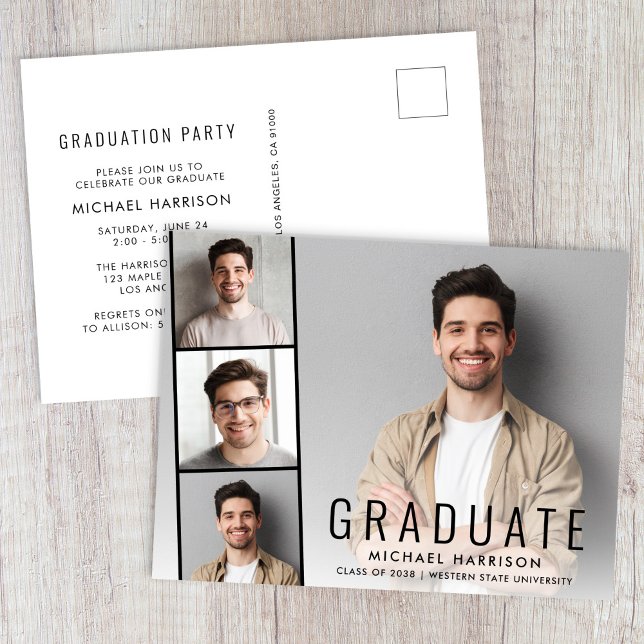 Postal De Invitación Fiesta de Graduación con Franja de Fotos Modernas  (Minimal Modern Photo Graduation Party Invitation Postcard)