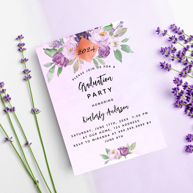 Postal De Invitación Fiesta de graduación de flores violetas moradas (Subido por el creador)
