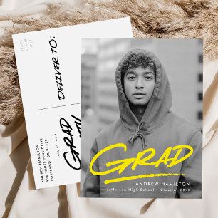 Postal De Invitación Fiesta de Graduación Foto Amarillo Grad Dashed Mod