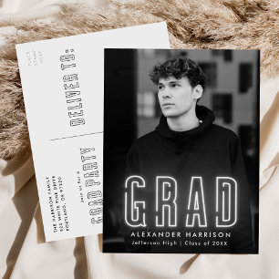 Postal De Invitación Fiesta de Graduación Moderna con Foto en Neón Blan