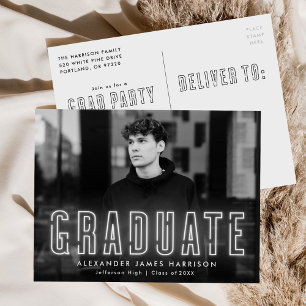 Postal De Invitación Fiesta de Graduación Moderna con Foto en Neón Blan