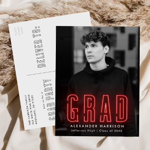 Postal De Invitación Fiesta de Graduación Moderna con Foto en Neon Rojo