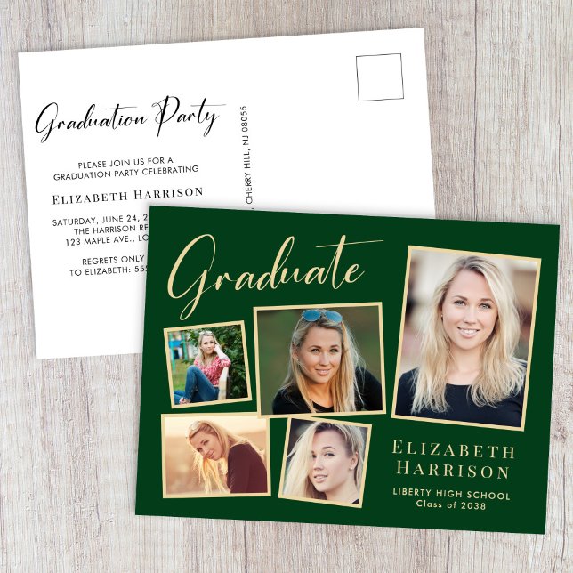 Postal De Invitación Fiesta de Graduación Moderno Collage de Fotos Verd (Modern Photo Collage Green Gold Graduation Party Invitation Postcard)
