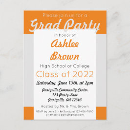 Postal De Invitación Fiesta de Graduación Negrita de Naranja Plateada