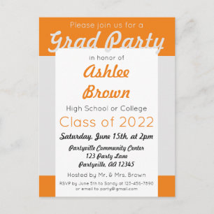Postal De Invitación Fiesta de Graduación Negrita de Naranja Plateada