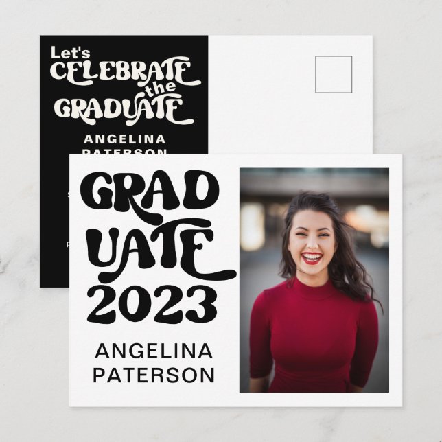 Postal De Invitación Fiesta de graduación Retro Script Foto Negro y Bla (Anverso / Reverso)