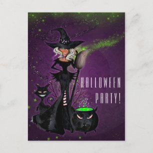 Postal De Invitación Fiesta de Halloween Bruja Glam en Negro Verde Púrp